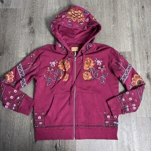 Driftwood Teddy Hoodie Size M Floral Embroidered Boho Cranberry Classic Zip